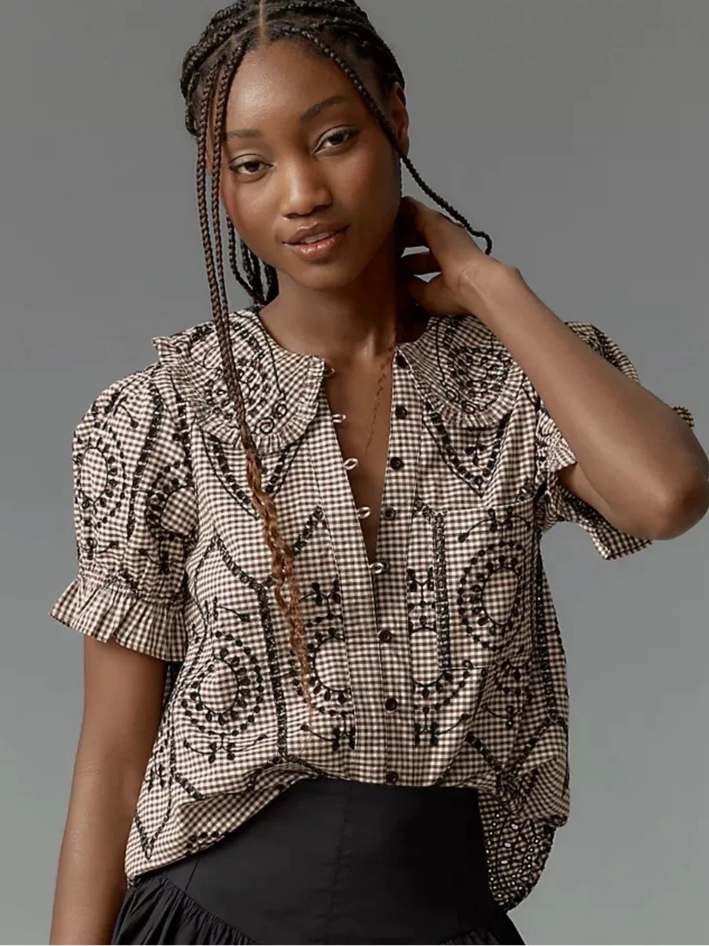 Anthropologie Black and Cream Checked Embroidered Puff-Sleeve Blouse